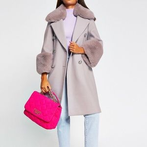 River Island Purple Faux Fur Cuff Swing Coat Size US 2/UK 6